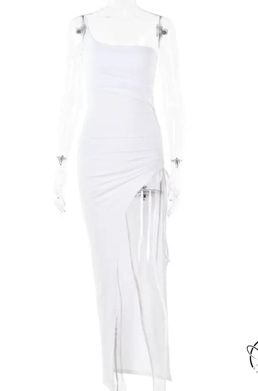 White single shoulder cami dress, ruched midi for summer parties