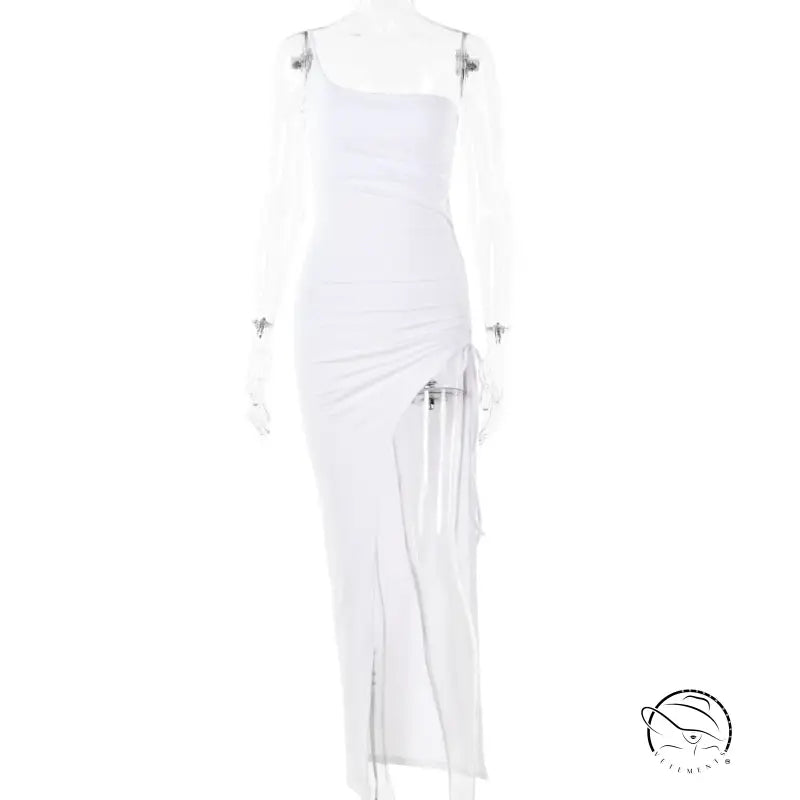 White single shoulder cami dress, ruched midi for summer parties