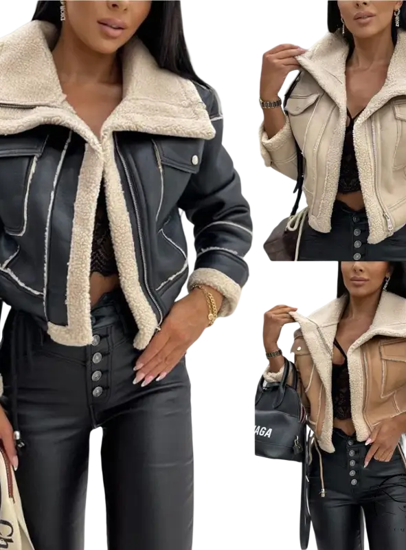 Cropped faux shearling jacket with sherpa trim for attractive fall and winter wear