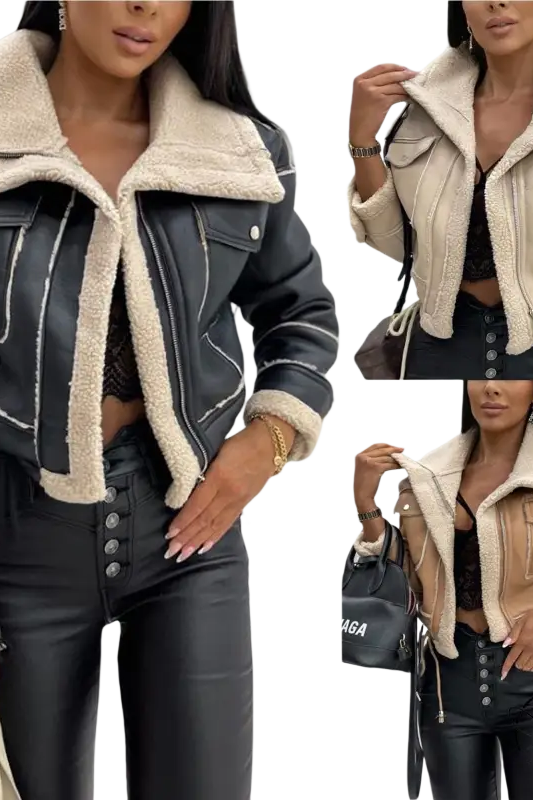 Cropped faux shearling jacket with sherpa trim for attractive fall and winter wear