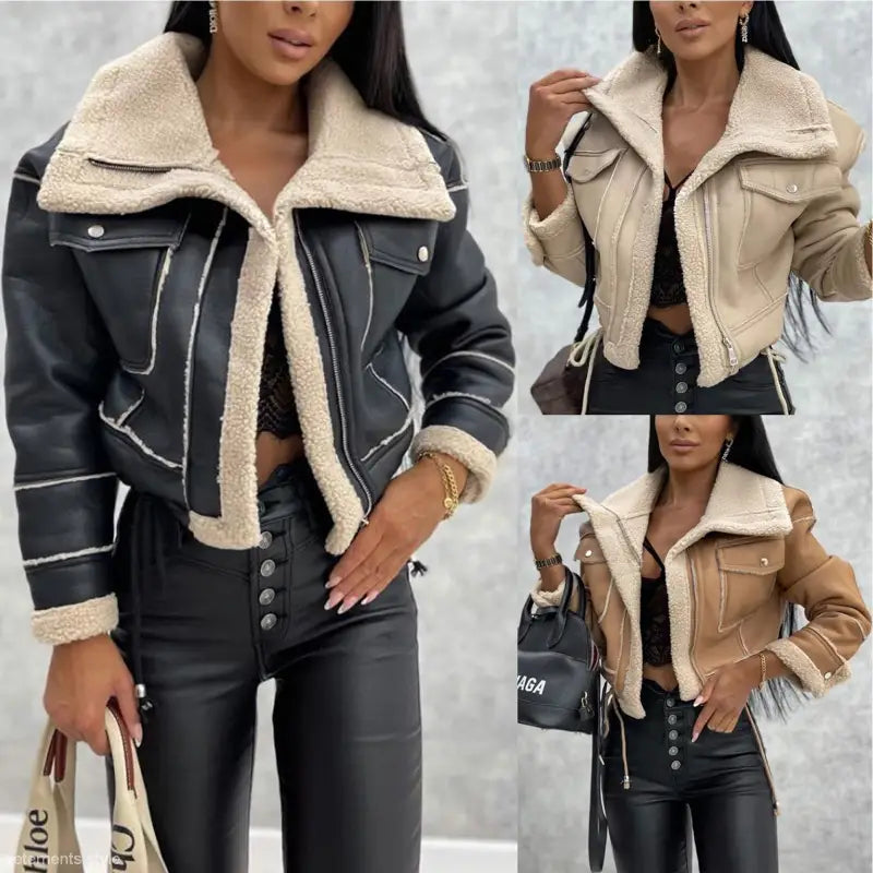 Cropped faux shearling jacket with sherpa trim for attractive fall and winter wear