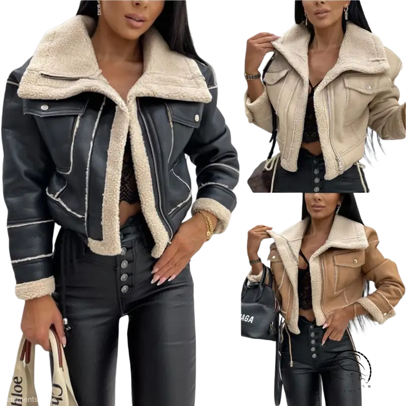 Attractive faux shearling jacket with cropped faux leather and sherpa trim