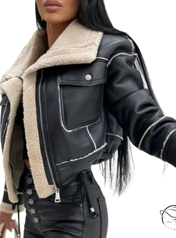 Attractive Faux Shearling Jacket featuring a black faux leather design and faux fur trim