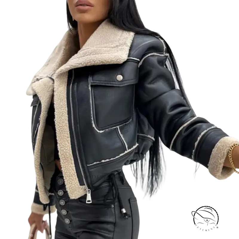 Attractive faux shearling jacket in black faux leather with fur trim