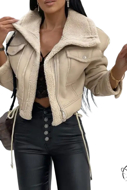 Attractive beige faux shearling jacket for fall and winter