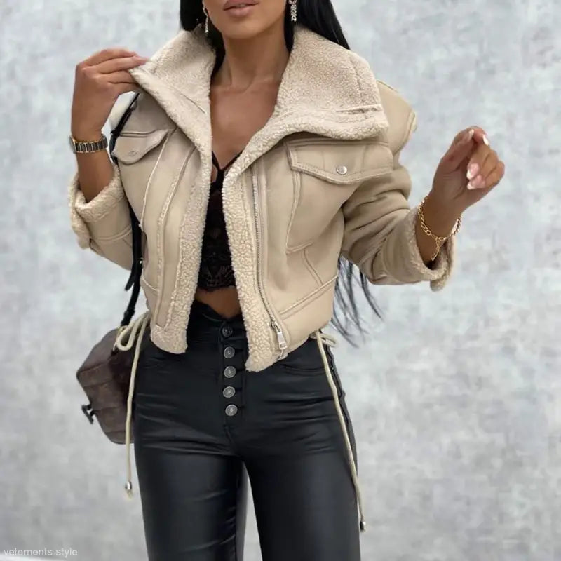 Attractive faux shearling jacket in beige, perfect for fall and winter wear