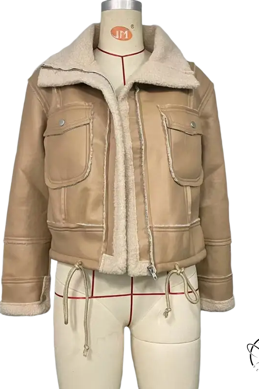 Attractive faux shearling jacket in tan with faux fur lining