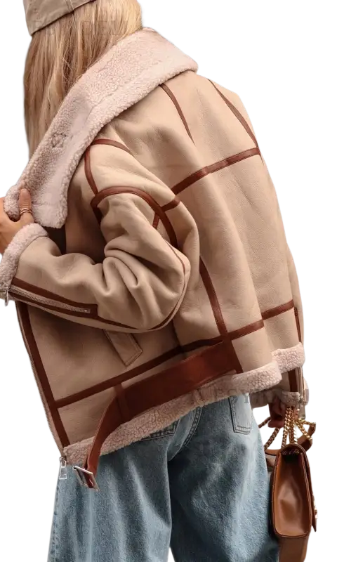 Beige and brown plaid collar lamb wool shearling coat locomotive jacket over blue jeans