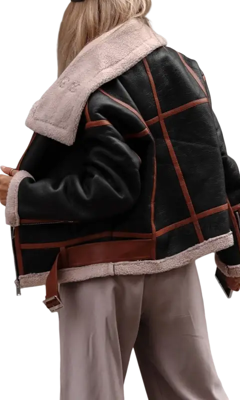 Black leather coat locomotive jacket with collar lamb wool trim