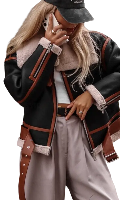 Stylish black leather coat locomotive jacket with pink sherpa lining