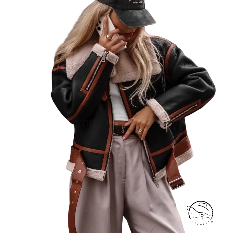 Stylish black leather coat locomotive jacket with pink sherpa lining