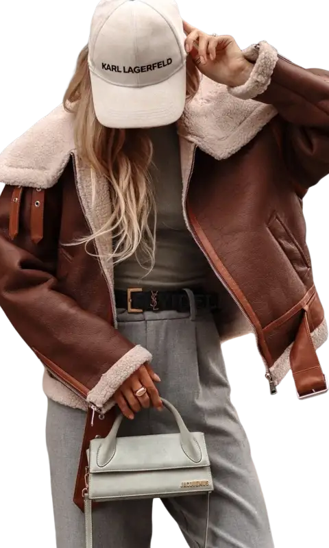 Brown leather shearling coat locomotive jacket with collar lamb wool