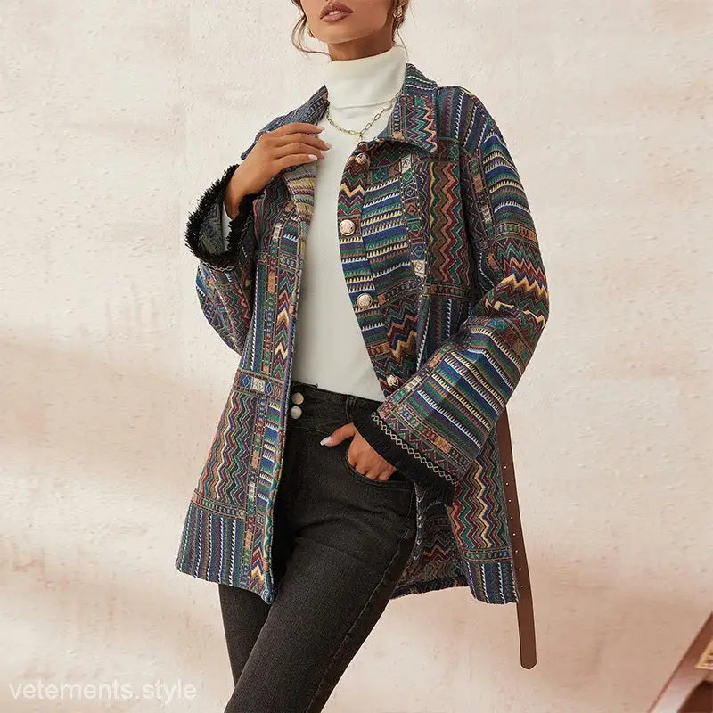 Ethnic knitted coat with patterned design and gold buttons for autumn winter wear