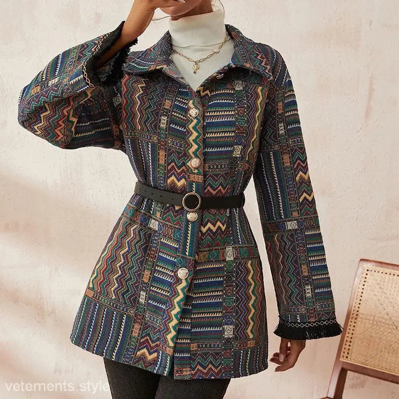 Patterned belted jacket from Autumn Winter Ethnic Knitted Coat collection