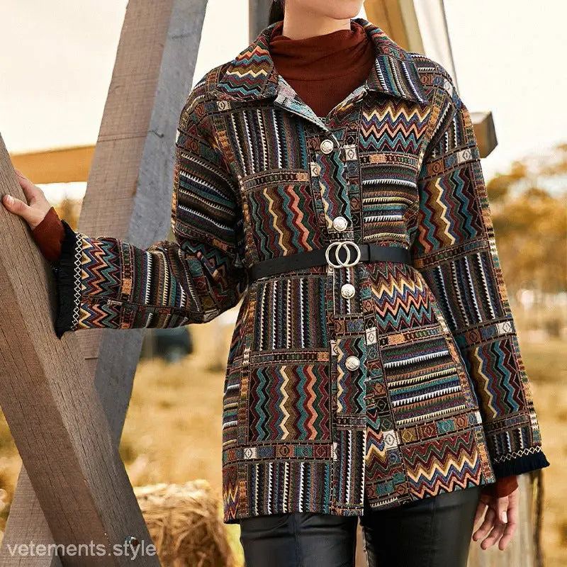 Patterned belted ethnic knitted coat ideal for autumn winter ethnic fashion