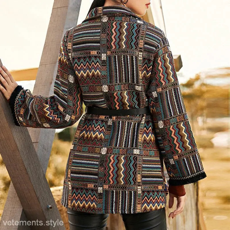 Patterned belted jacket from Autumn Winter Ethnic Knitted Coat showcasing winter ethnic knitted style