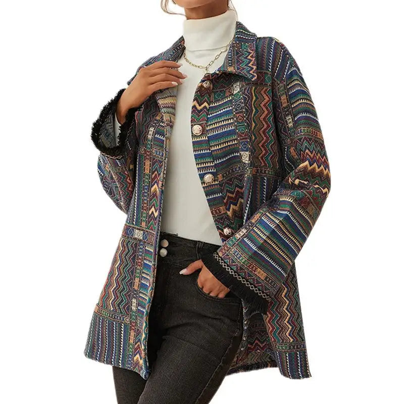 Patterned buttoned long jacket from Autumn Winter Ethnic Knitted Coat collection