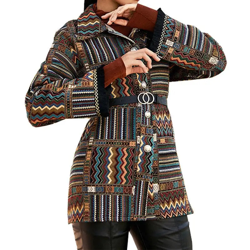 Ethnic knitted coat with patterned design and belt for autumn winter ethnic style