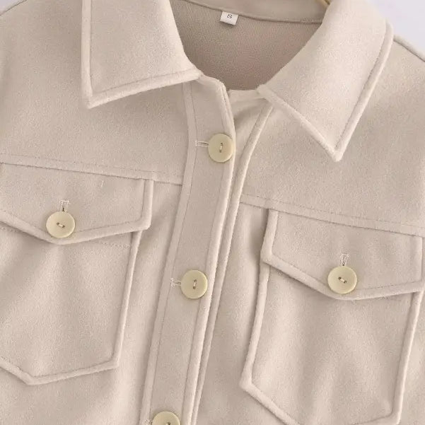 Beige button-down jacket with pockets from the Autumn Winter Woolen Short Coat collection