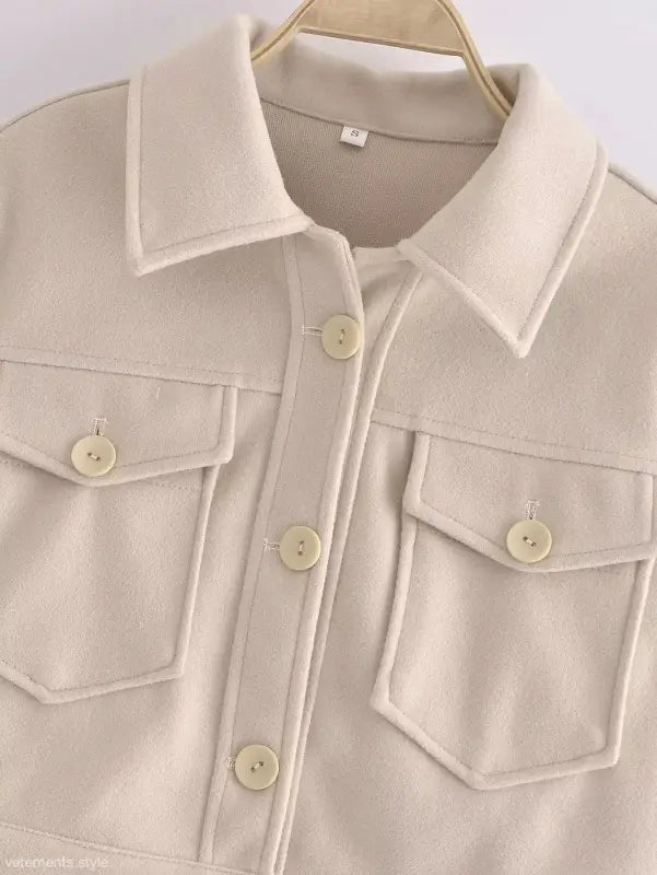 Beige button-down jacket with pockets from the Autumn Winter Woolen Short Coat collection