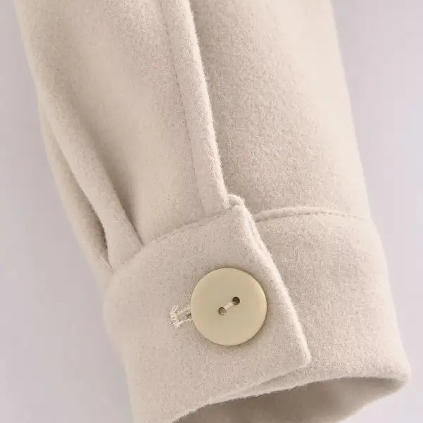 Beige jacket sleeve detail with button on Autumn Winter Woolen Short Coat Collared Design