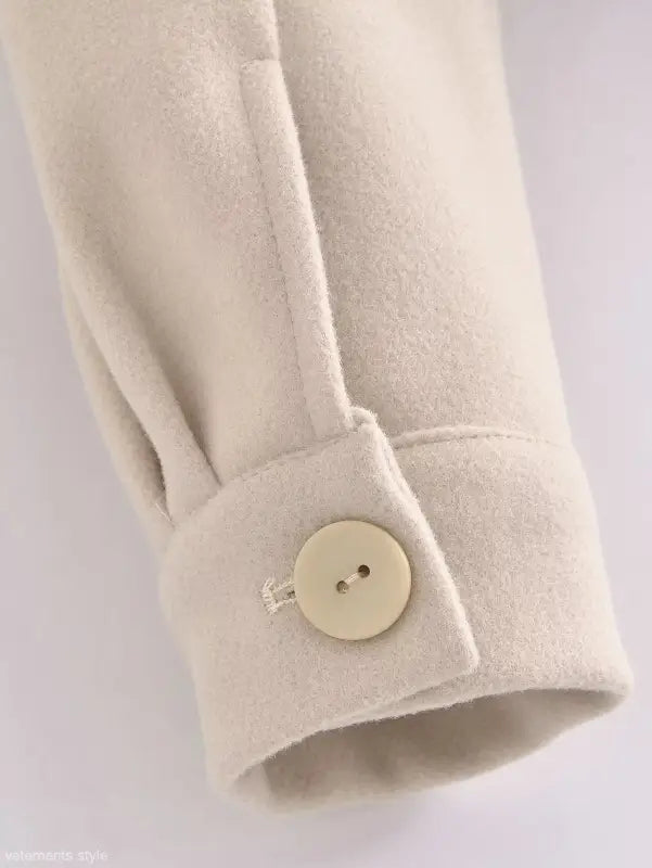 Beige jacket sleeve detail with button on Autumn Winter Woolen Short Coat Collared Design