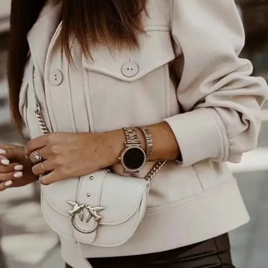 Beige woolen short coat with collared design and matching purse for autumn winter