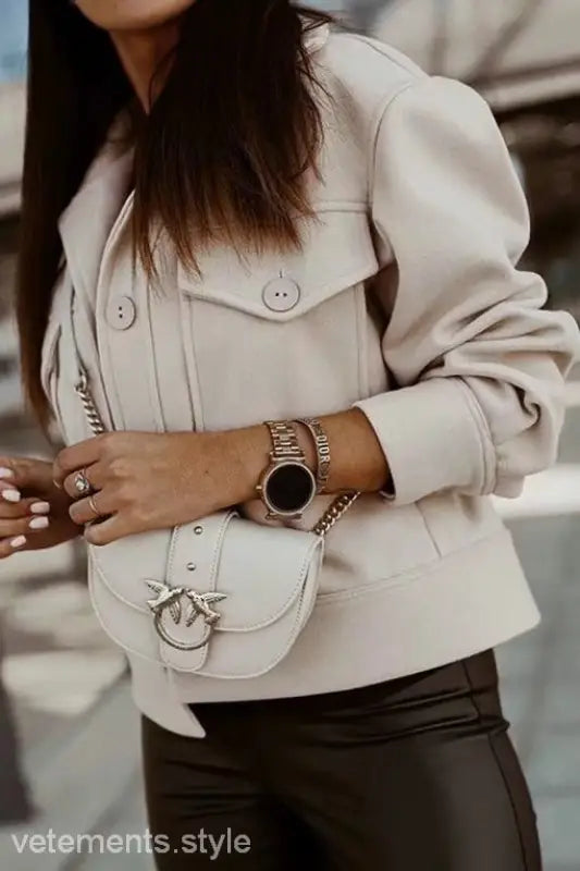 Beige woolen short coat with collared design and matching purse for autumn winter