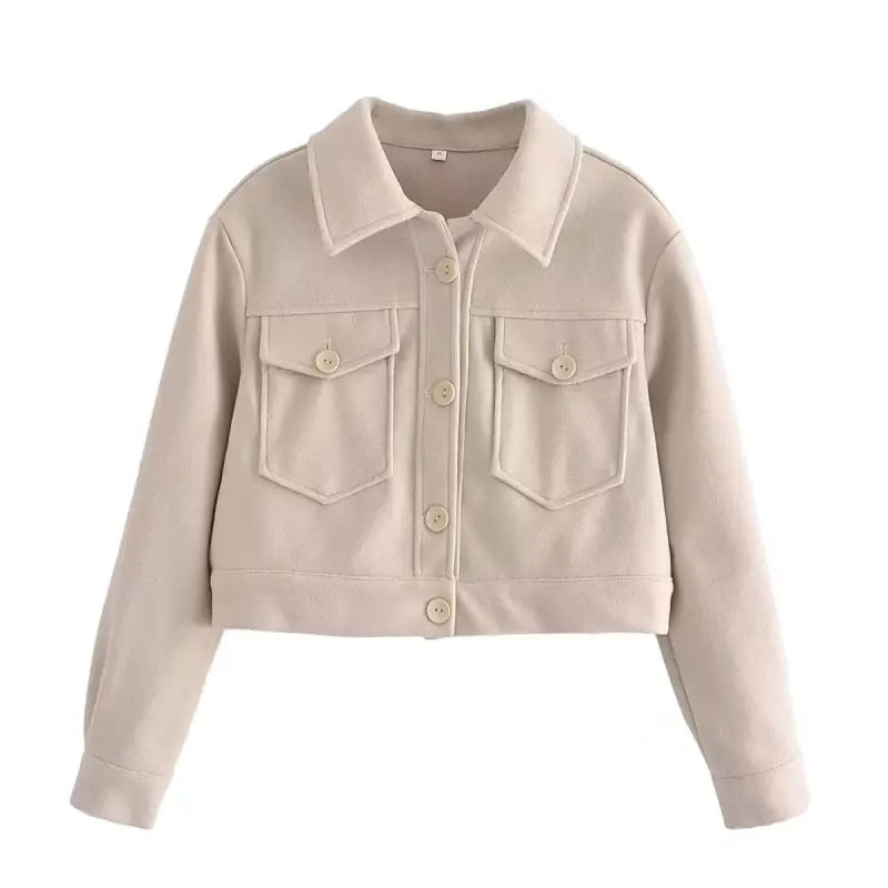 Beige cropped jacket with pockets from Autumn Winter Woolen Short Coat with Collared Design