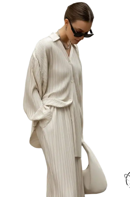 Ava casual set: pleated beige two-piece with straight leg pants