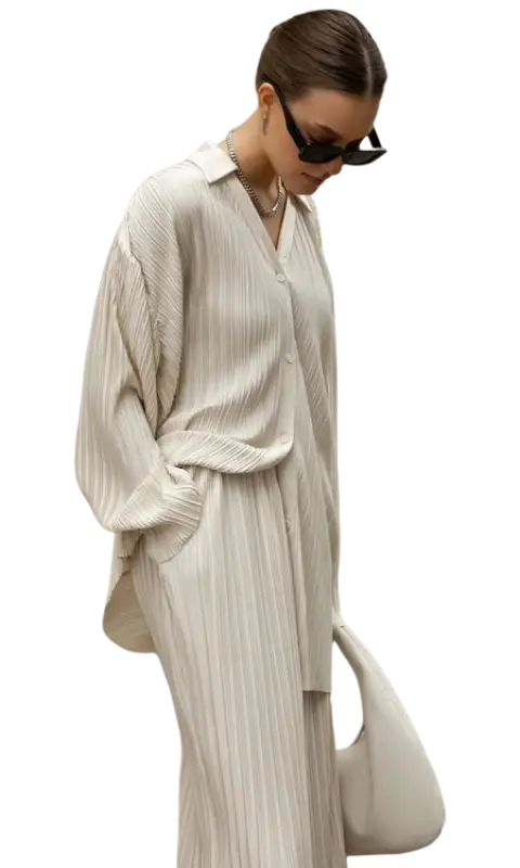 Ava casual set: pleated beige two-piece with straight leg pants