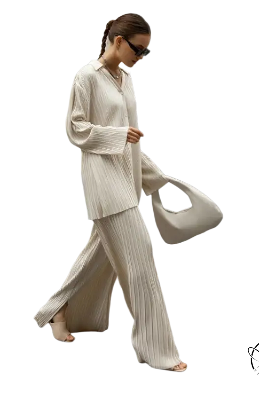 Woman in Ava Casual Set two-piece with straight leg pants