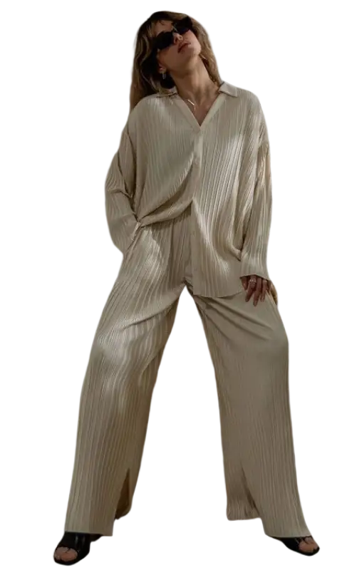 Wrinkled beige Ava casual set: long sleeve top with straight leg pants two piece set