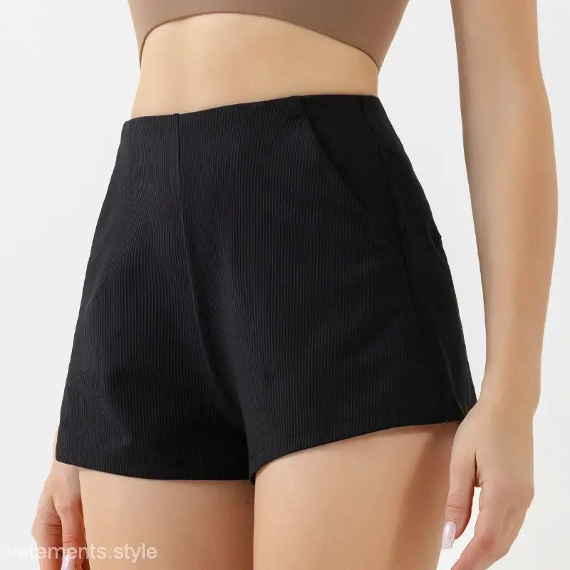 Black high-waisted shorts with ribbed texture, ideal for avocado green high waist yoga shorts