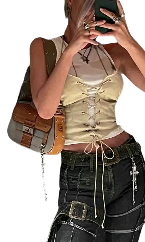 Sexy backless bandage corset top with lace-up front over white shirt