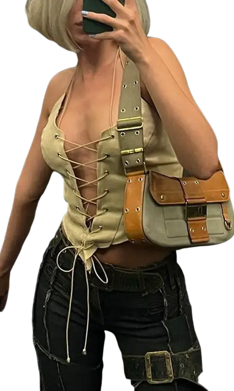 Sexy backless bandage corset in beige lace-up with matching shoulder bag