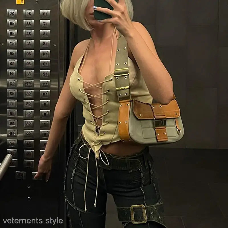 Beige lace-up backless bandage corset top with matching shoulder bag, ideal for cowgirl bandage corset style