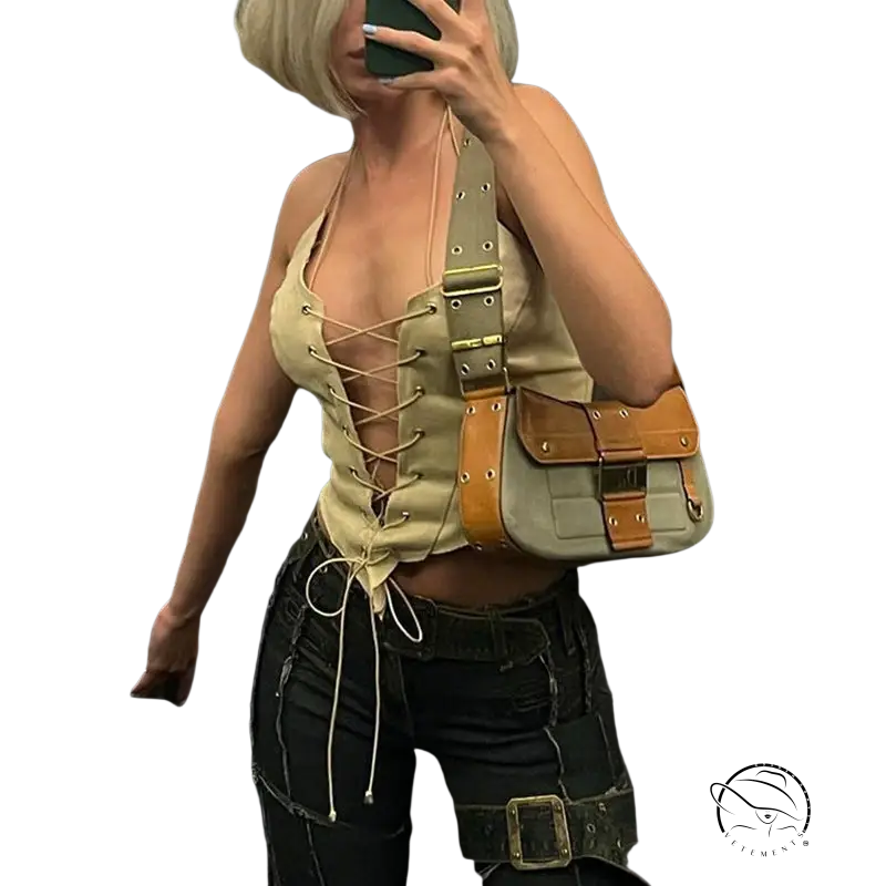 Sexy backless bandage corset in beige lace-up with matching shoulder bag