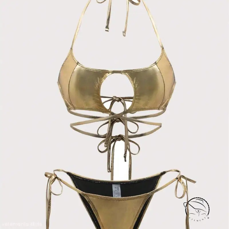 Gold backless bikini with lace-up front, side-tie bottoms, halter strap