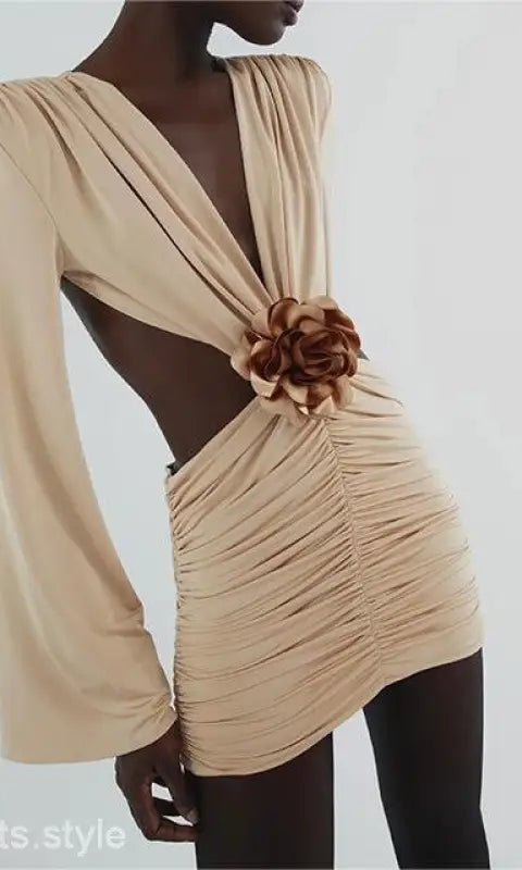 Beige backless bodycon floral dress with ruched V-neck and flower details