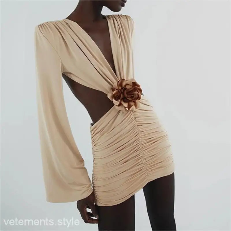 Beige floral dress with draped mini design, backless style, and cutout details