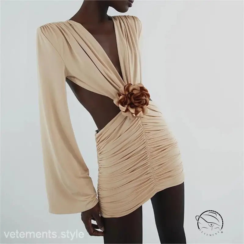 Beige backless bodycon floral dress with ruched V-neck and flower details