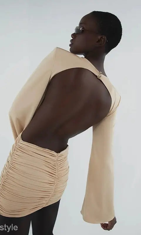 Beige backless bodycon dress with ruched v-neck floral details