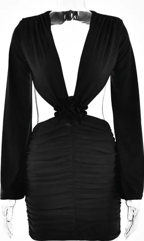 Black ruched V-neck bodycon dress with cutouts and floral neck details
