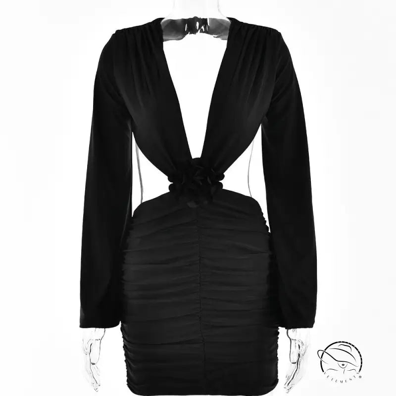 Black ruched V-neck bodycon dress with cutouts and floral neck details