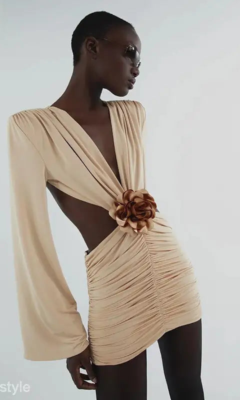 Beige backless bodycon floral dress with ruched v-neck and cutout details