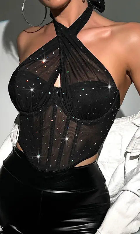 Backless halter crop top diamond corset with steel ring detail