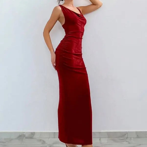 Elegant long red backless party slim fit sheath dress with thin straps and velvet finish