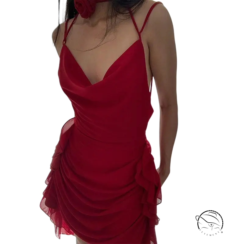Red cowl-neck backless slim fit moon party dress with ruffles