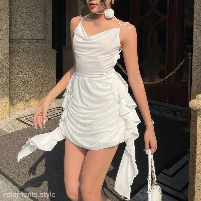 White draped backless slim fit moon party dress with ruffles and asymmetrical design
